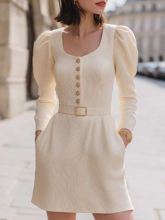 Elegant Belted Puff-Sleeve A-Line Dress With Button Detailing