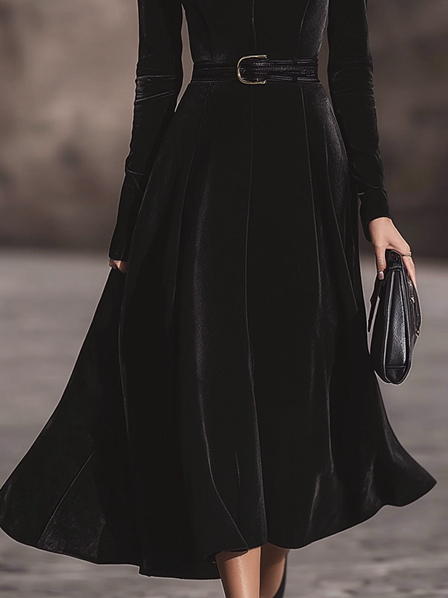 VOS LEE Belted Black Velvet Midi Dress