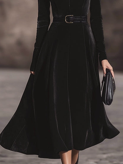 VOS LEE Belted Black Velvet Midi Dress
