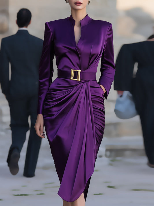 Elegant Purple Satin Belted Draped Midi Dress