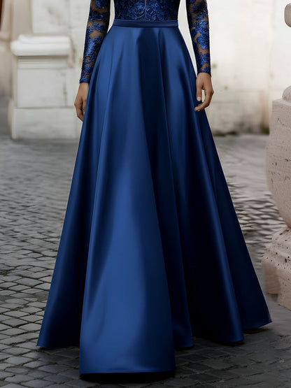 V-Neck Embroidered Lace Long Sleeve Satin Gown