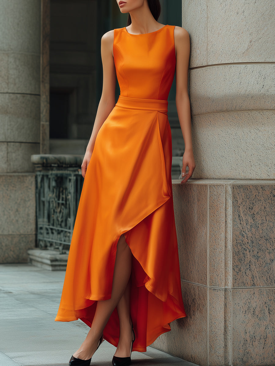 Sleeveless Asymmetric High-Low Satin Evening Gown