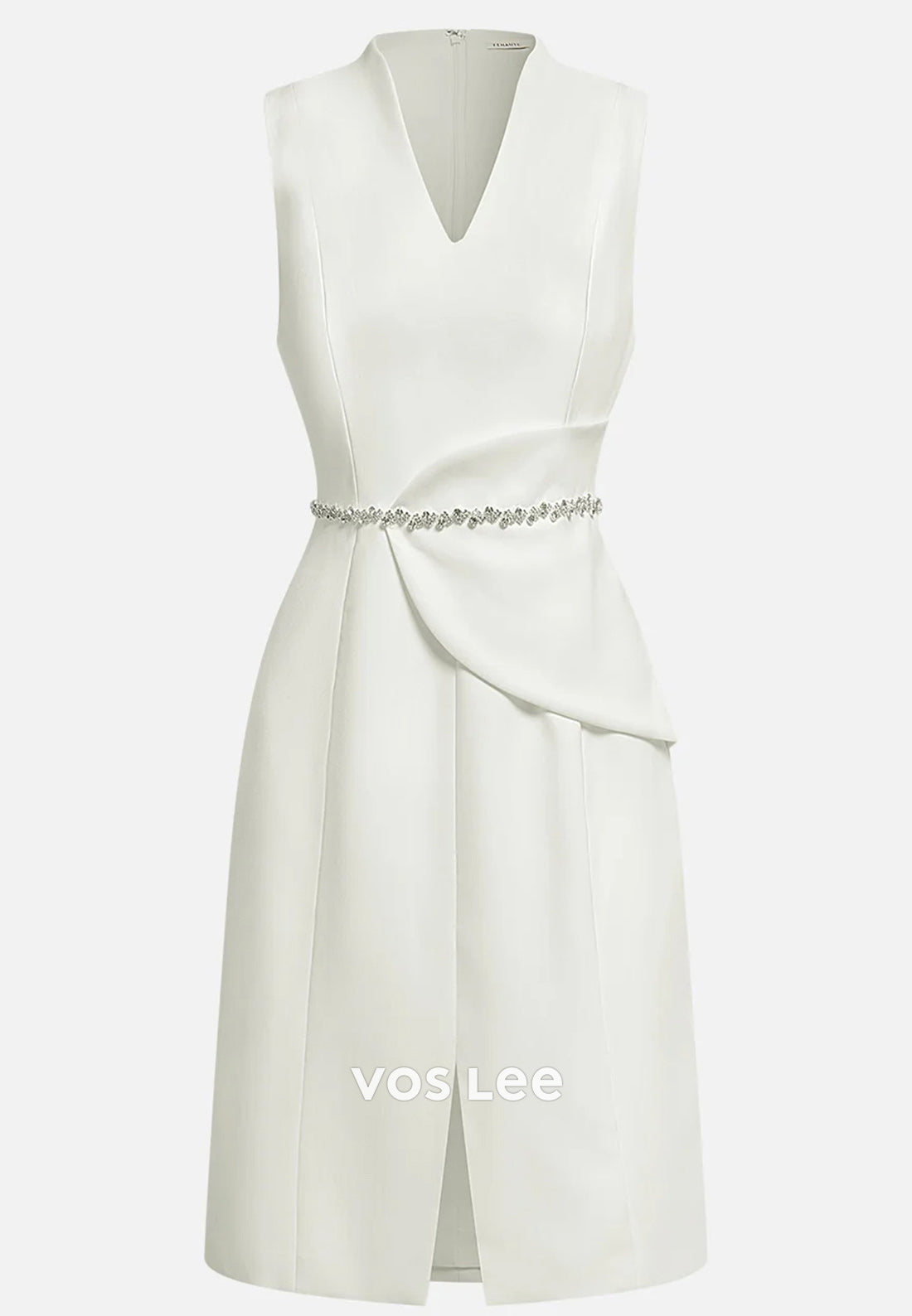 Sparkling Short V Neck Rhinestone Ruched Sheath Wedding Guest Dresses with Split