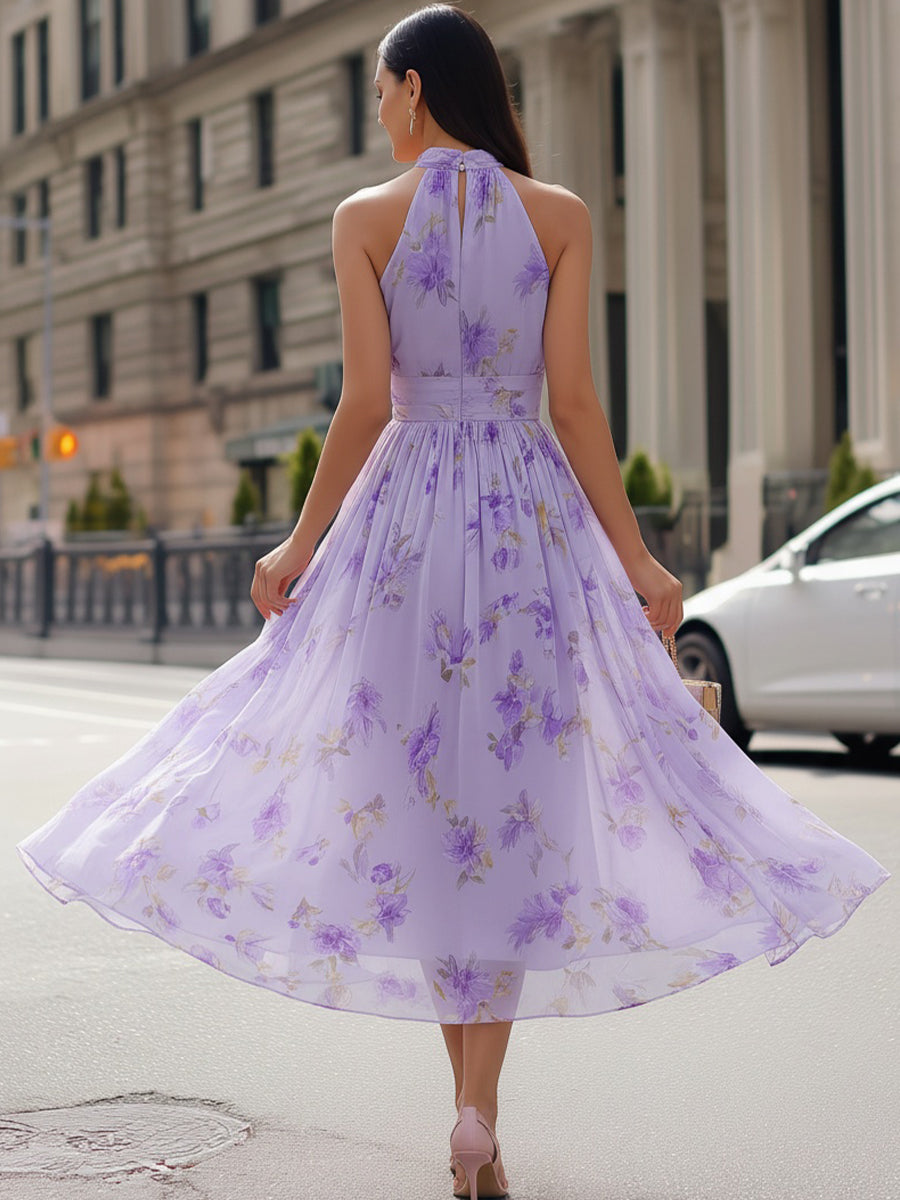 Lavender Floral Halter Neck Chiffon Pleated Midi Dress