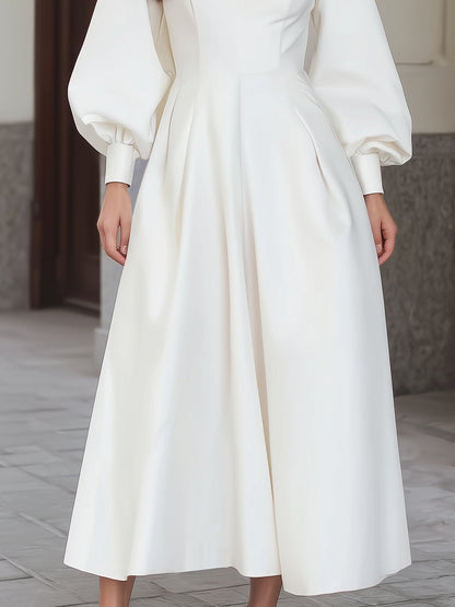 Elegant Long-Sleeve A-Line Dress With Pleated Skirt