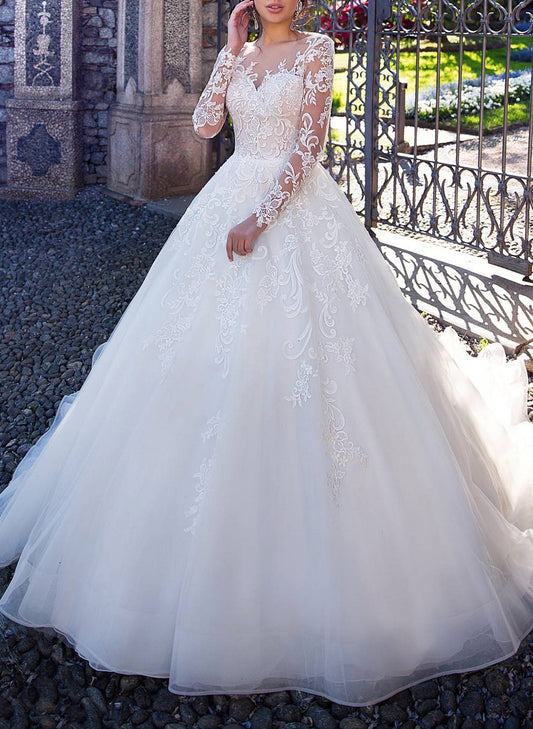 Dreamy A-Line Illusion Neck Long Sleeves Wedding Dresses With Appliques Lace