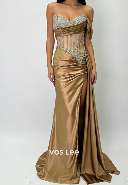 Sweetheart Sleeveless Prom Dress Mermaid Slit With Crystals Corset