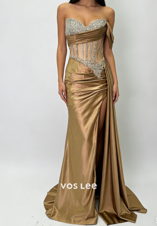 Sweetheart Sleeveless Prom Dress Mermaid Slit With Crystals Corset