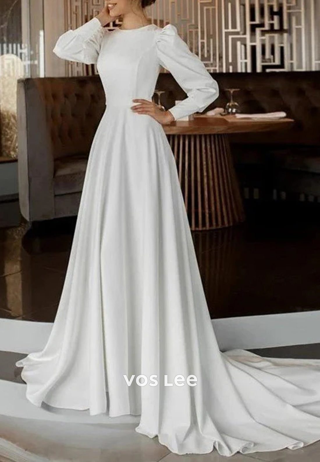 Simple & Classic A-Line Long Sleeve Scoop Pearls Wedding Dresses with Sweep Train