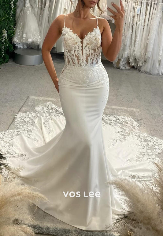Spaghetti Straps V Neck Appliques Lace Embellished Beach Mermaid Wedding Dresses