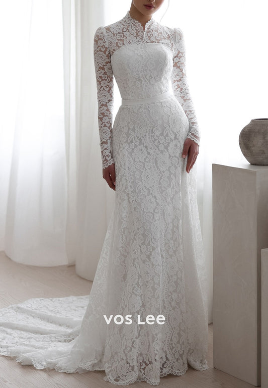 High Neck Long Sleeve Appliques Lace Sheath Wedding Dresses with Sweep Train