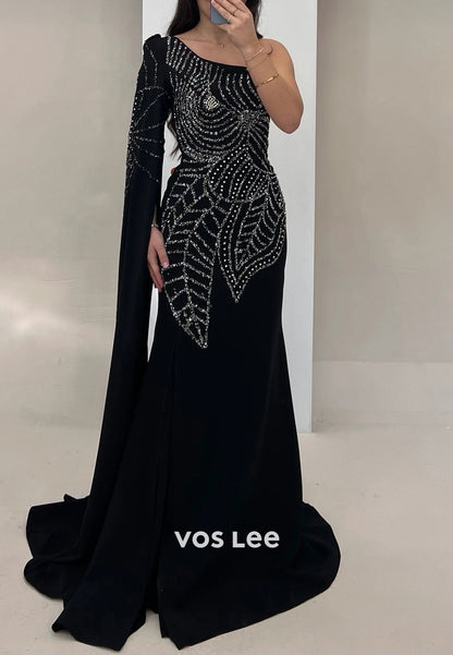 Long Sleeve One Shoulder Rhinestone Pleated Mermaid Evening Dresses with Sweep Train