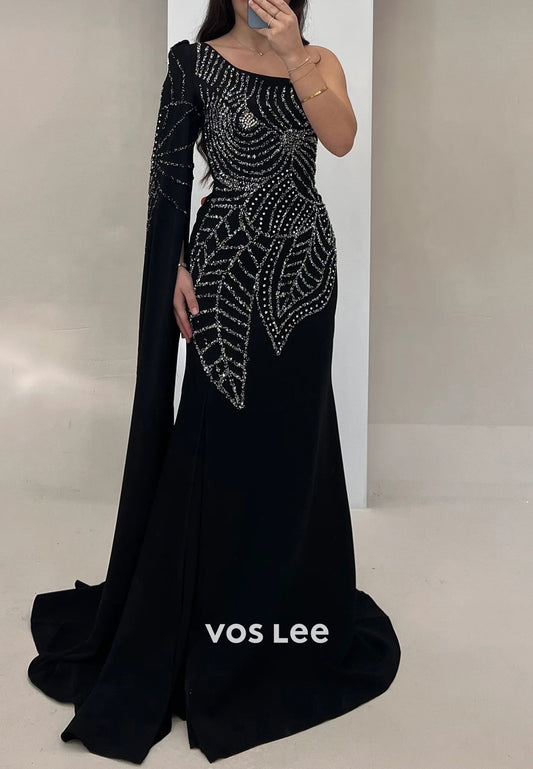 Long Sleeve One Shoulder Rhinestone Pleated Mermaid Evening Dresses with Sweep Train