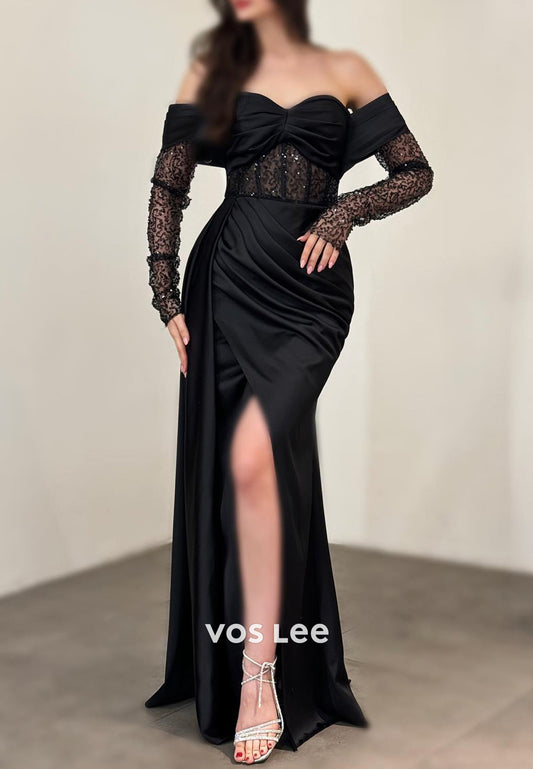 Classic Sequined Long Sleeve Sweetheart Pleated Mermaid Prom Dresses wirh High Spilt