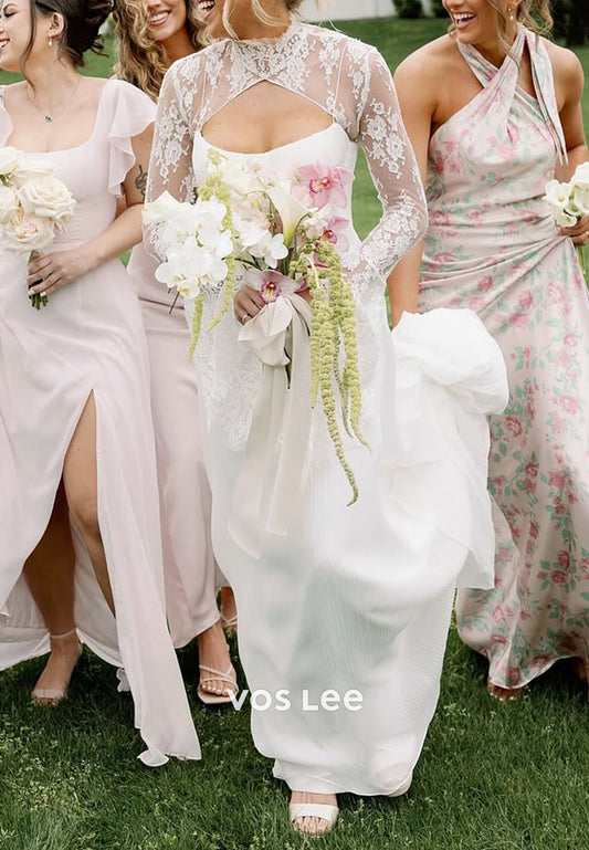Long Sleeve High Neck Appliques Lace Pleated Sheath Wedding Dresses