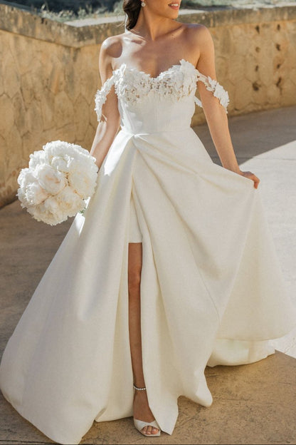 Gorgeous A Line Off the Shoulder White Long Wedding Dress with Appliques