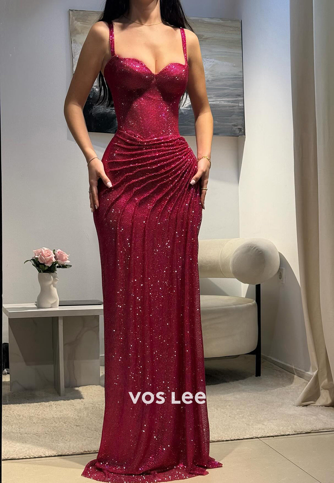 Elegant & Luxurious Spaghetti Straps Pleated Mermaid Evening Dresses with High Spilt