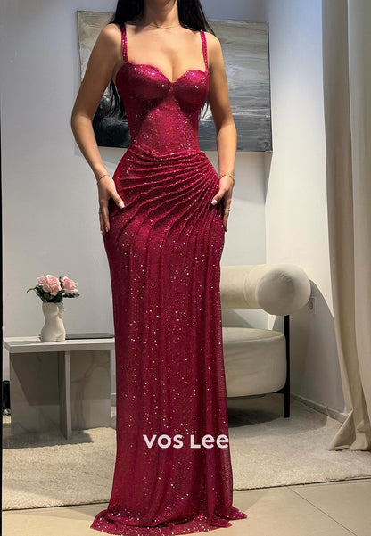 Elegant & Luxurious Spaghetti Straps Pleated Mermaid Evening Dresses with High Spilt