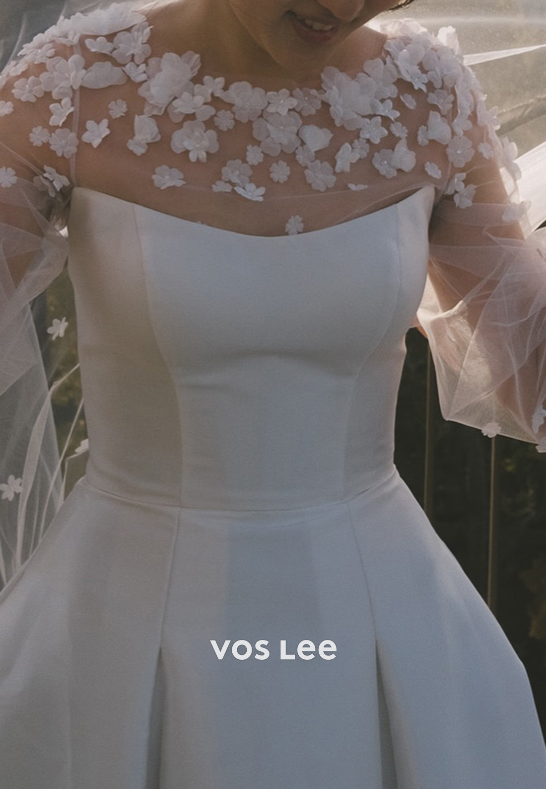 A-Line Long Sleeve Illusion Neck Appliques Wedding Dresses with Court Train