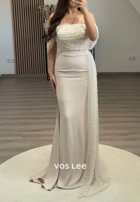 Off the Shoulder Beaded Embellished Pleated Mermaid Floor-Length Evening Dresses