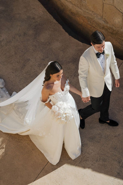 Gorgeous A Line Off the Shoulder White Long Wedding Dress with Appliques
