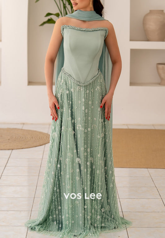 A-Line Scoop Tulle Beading Floor-Length Ruched Evening Dresses