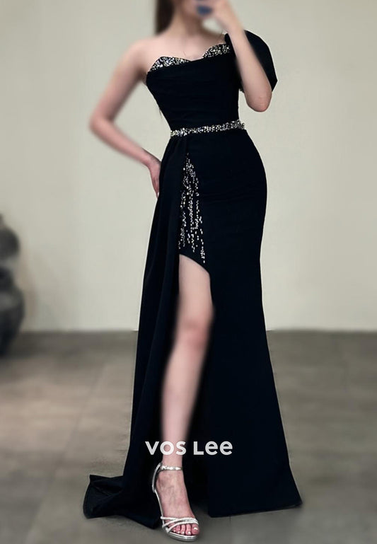 Sparkle & Shine Short Sleeve Rhinestone Pleated Mermaid Evening Dresses with Sweep Train