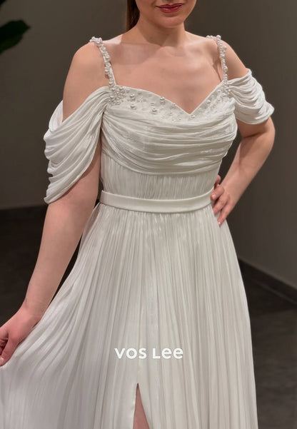A-Line Spaghetti Straps V Neck Beaded Pleated Prom Dresses with Side Split