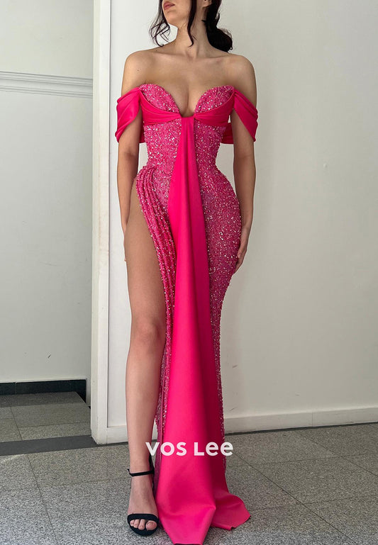Sexy Sweetheart Sequined Pleated Floor-Length Mermaid Evening Dresses with High Split