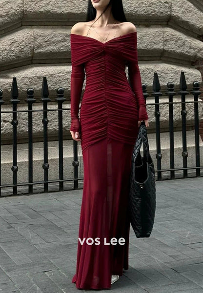 Sexy & Hot Long Sleeve Off the Shoulder Pleated Floor-Length Mermaid Evening Dresses