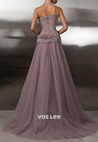 A-Line Strapless Bead-Fringed Tulle Prom Dresses with Sweep Train