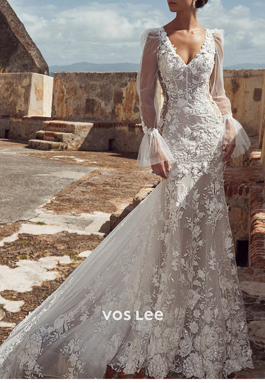 Detachable Long Sleeve Sweetheart Lace Appliques Mermaid Wedding Dresses with Court Train