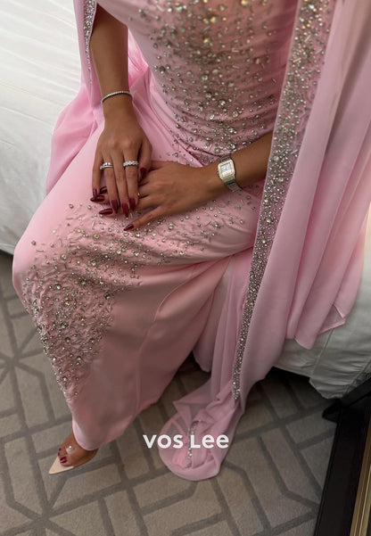 Sparkle & Shine Pink Beaded Rhinestone Floor-Length Mermaid Evening Dresses