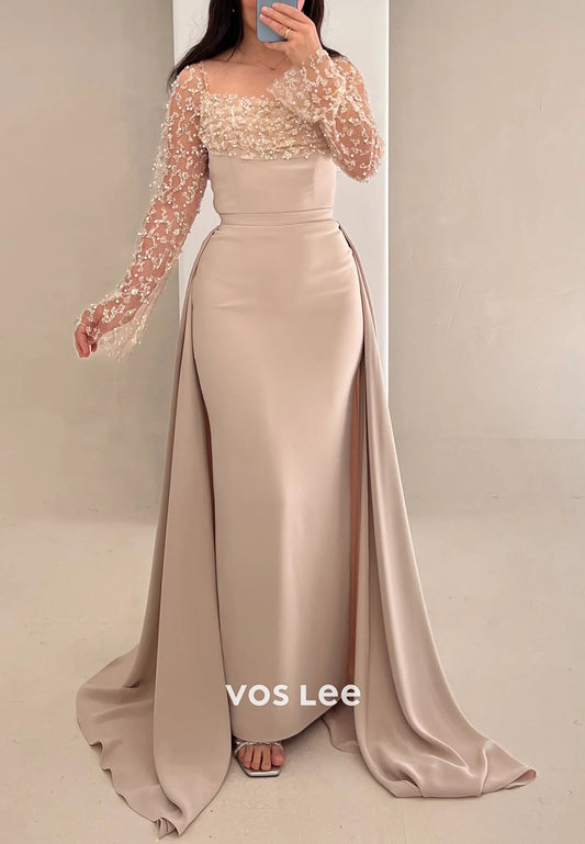 Classic Long Sleeve Square Beaded Pleated Mermaid Evening Dresses with Court Train