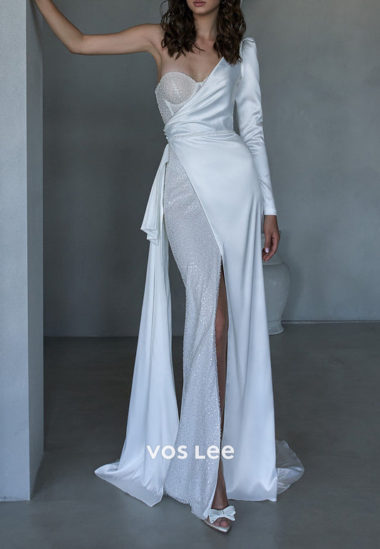 Long Sleeve One Shoulder Beaded Mermaid Wedding Dresses with Sweep Train