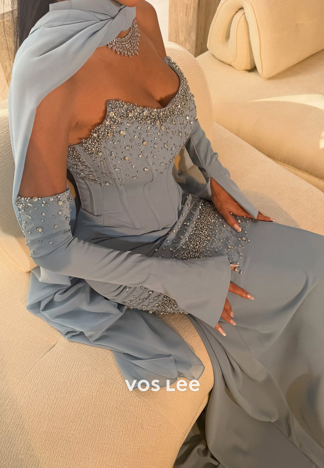Long Sleeve Rhinestone Beaded Embellished Floor-Length Mermaid Evening Dresses