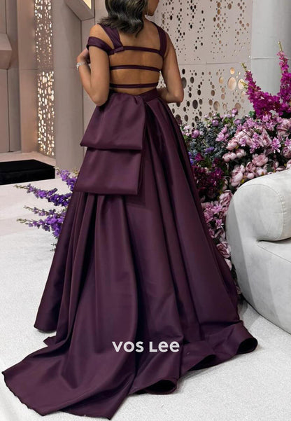 Couture & Ornate A-Line Asymmetrical Neck Pleated Evening Dresses with Chapel Train