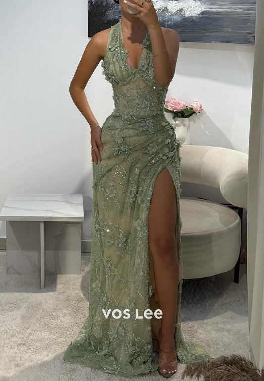 Green Halter Appliques Lace Pleated Mermaid Prom Dresses with Side Split