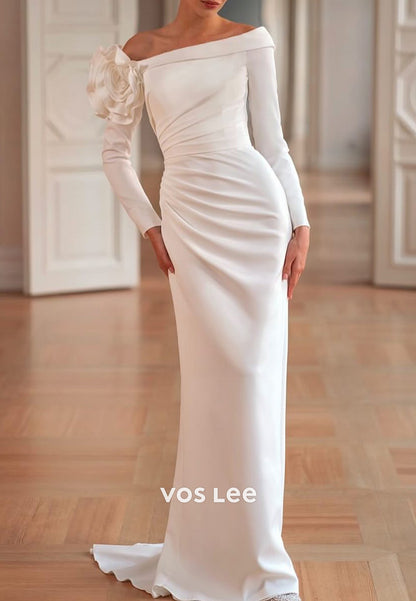 Simple & Casual Long Sleeve Asymmetrical Neck Flowers Wedding Dresses with Sweep Train