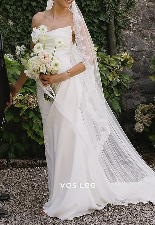 Simple Strapless Scoop Pleated Mermaid Wedding Dresses with Sweep Train