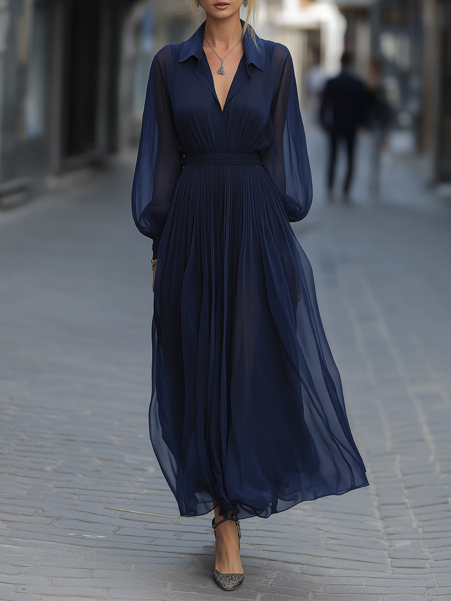 Navy Chiffon Maxi Dress With Pleated Skirt