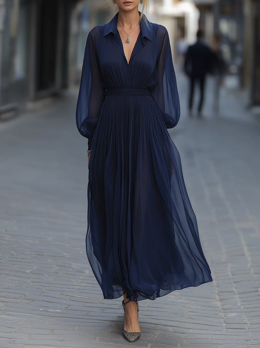 Navy Chiffon Maxi Dress With Pleated Skirt