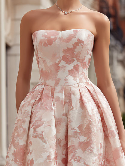 Strapless Floral Jacquard A-Line Midi Dress