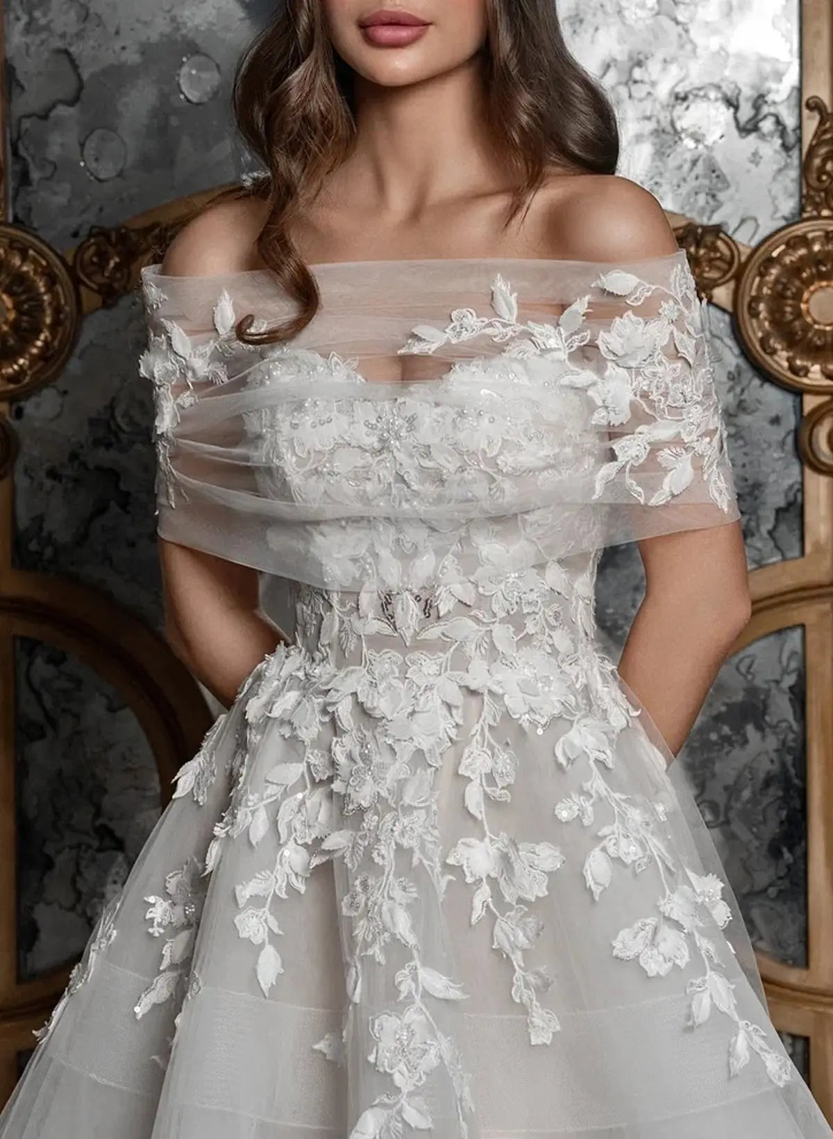 Elegant Sleeveless Detachable Neckline A-Line Sweep Train Lace Wedding Dress