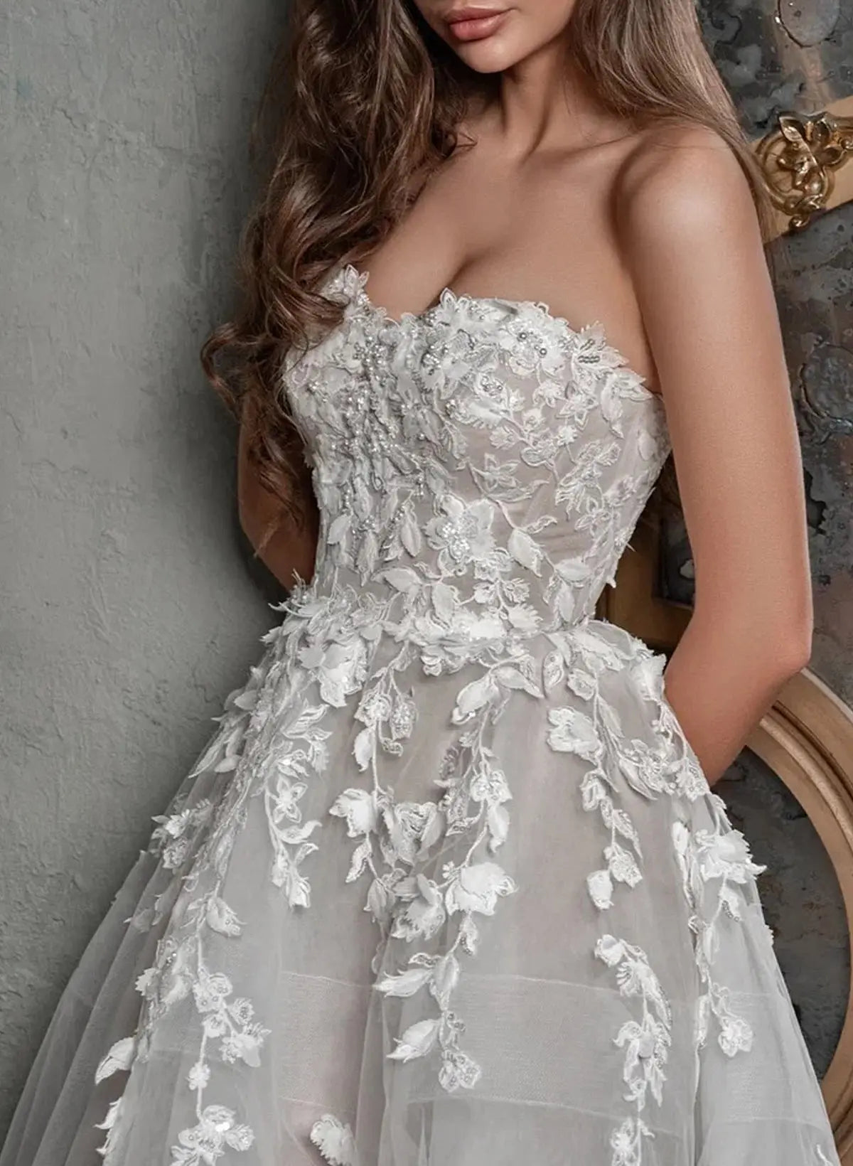 Elegant Sleeveless Detachable Neckline A-Line Sweep Train Lace Wedding Dress