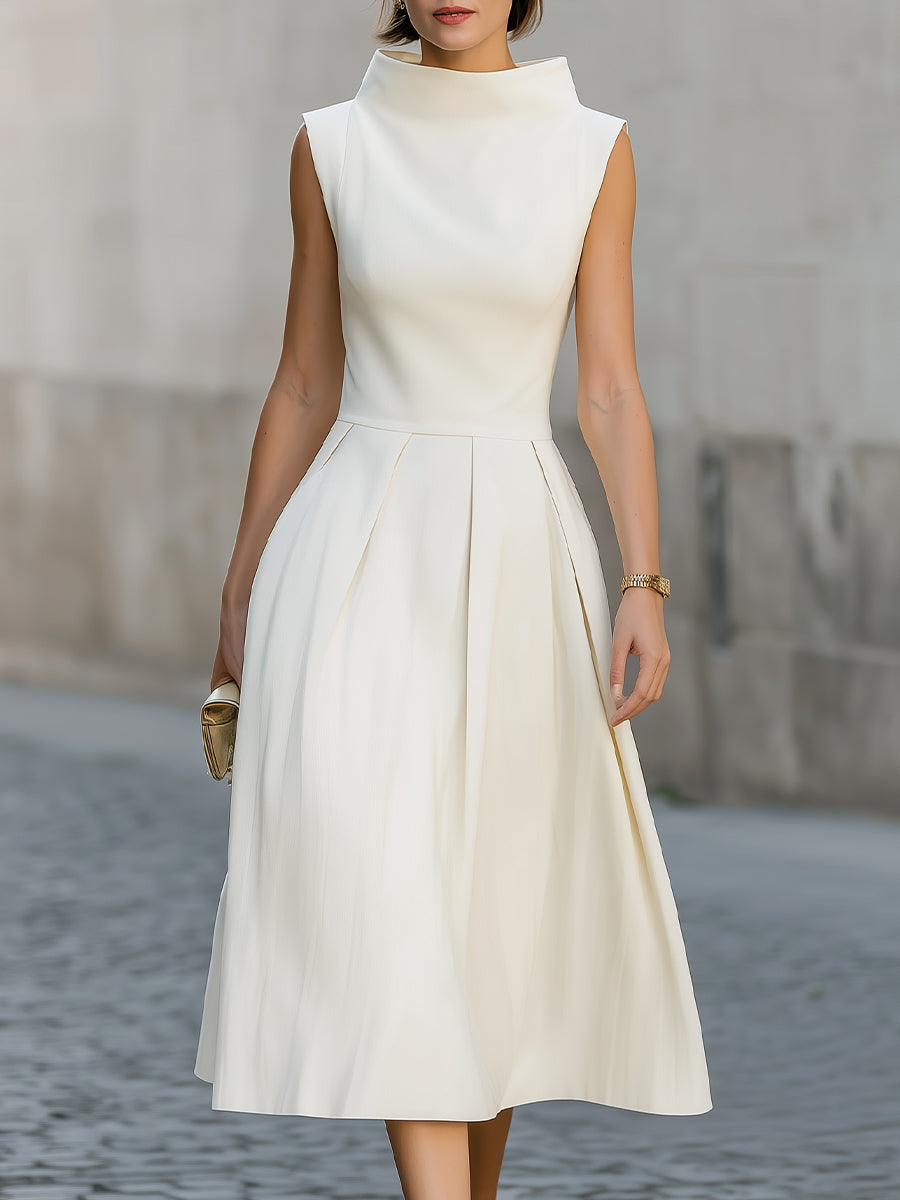 Cream Sleeveless High Folded Neck Pleated Fit-and-Flare Midi Dress