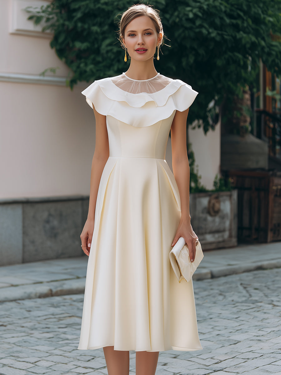 Ruffled Neckline Cap-Sleeve A-Line Midi Dress