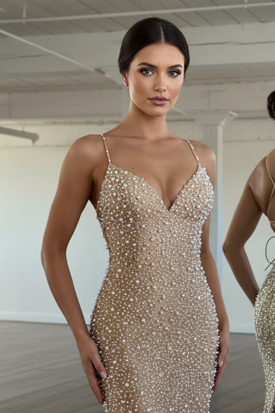 Gorgeous Mermaid V Neck Gold Pearls Prom Dress