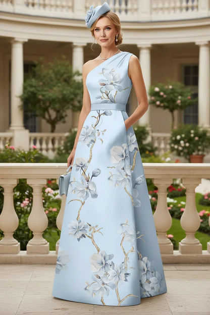 A-Line One-Shoulder Sleeveless Sweep Train Satin Evening Dress