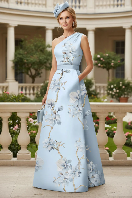 A-Line One-Shoulder Sleeveless Sweep Train Satin Evening Dress
